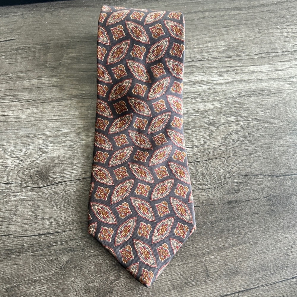 Liberty of London Mens Dark Academia Vintage Necktie OS Grey Medallion Silk